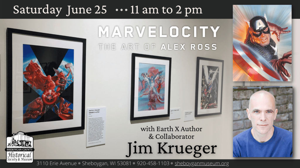Announcement of MARVELOCITY closing day, Saturday June 25, 11 a.m. - 2 p.m. with collaborator Jim Krueger and images of the exhibition